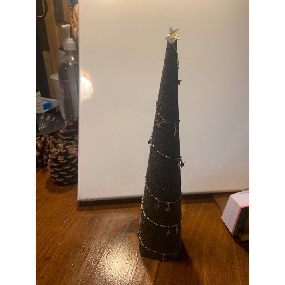 Christmas Tree 12 Inch Black Glitter with Silver Stars